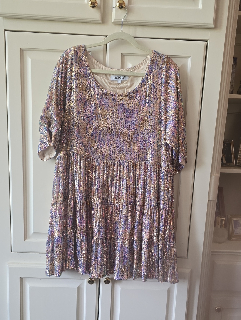 Amazing Lace Iridescent Lavender and Gold Sequin Tiered Dress